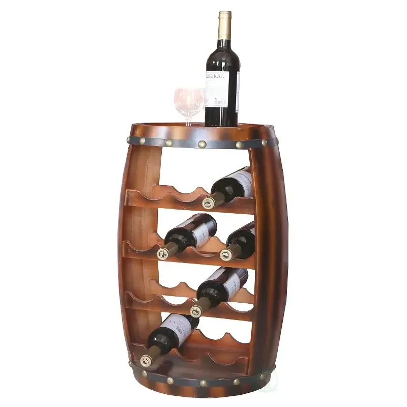 14 Bottle Wooden Wine Rack Free Standing Barrel Shape Storage Cabinet Home Bar Display Shelf Organizer Furniture Decor Free