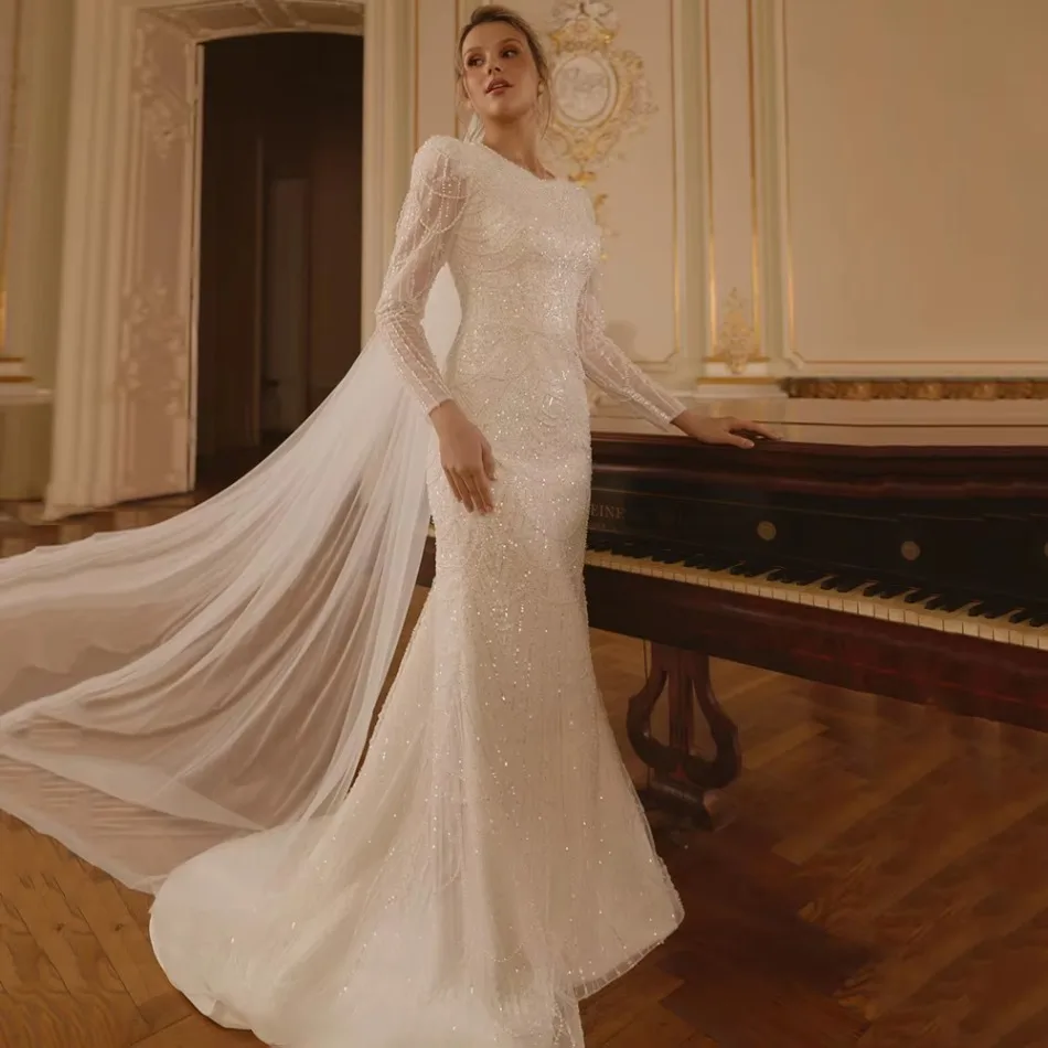 Sparkly Wedding Dress Long Sleeve Full Sequins Mermaid Bridal Gowns Round Neck Cathedral Veil Sweep Train Bride Vestido De Noiva