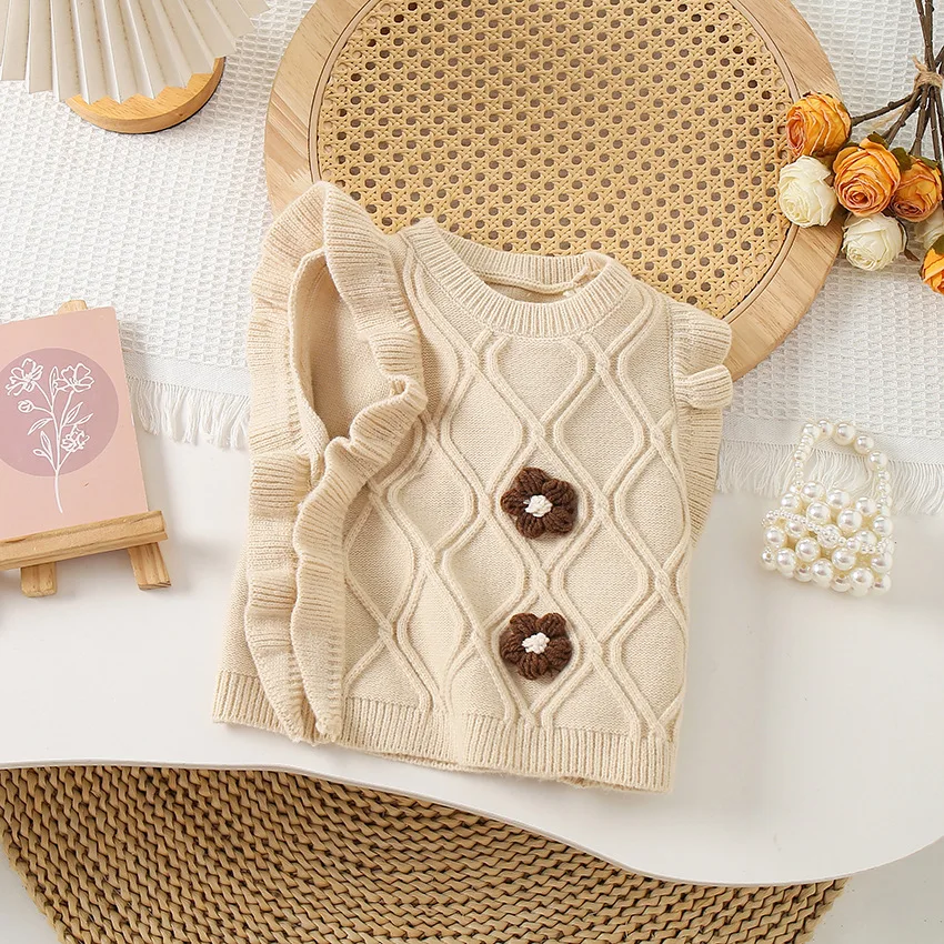 

2 - 6 Years Girls' knitted vest, children's flower-shaped knitted vest pullover, Spring/autumn girls stylish and versatile vest