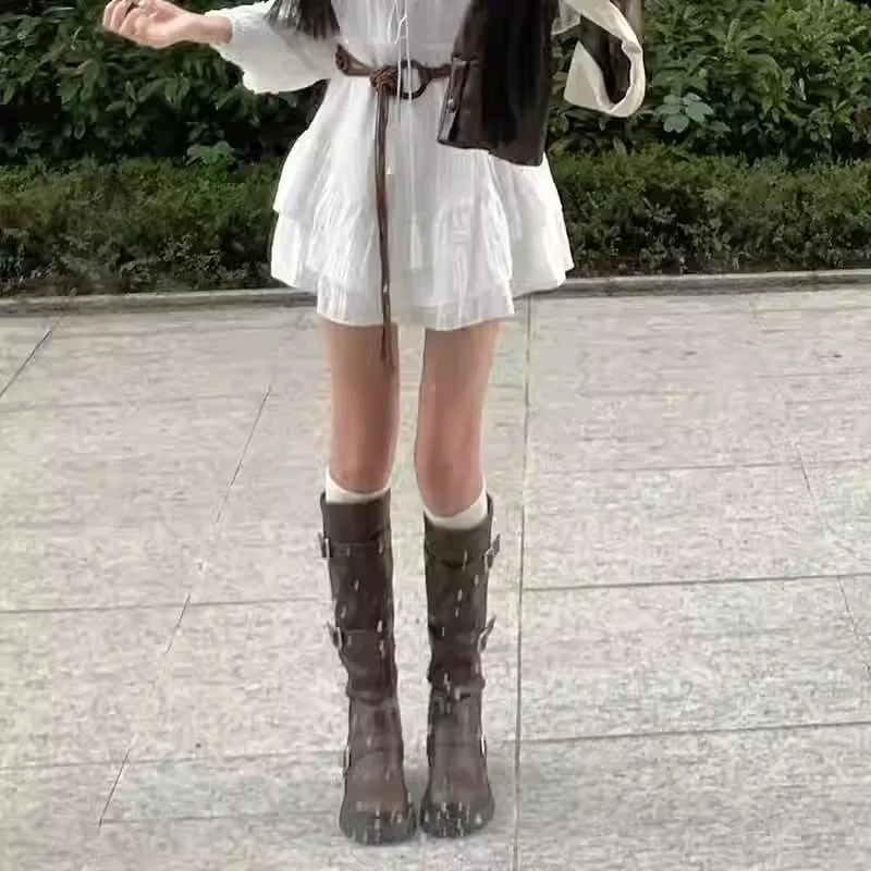 

Сапоги до колена с круглым носком и пряжкой на ремне, длинные ботинки на платформе и толстом каблуке, женские коричневые высокие рыцарские сапоги Botas Femininas