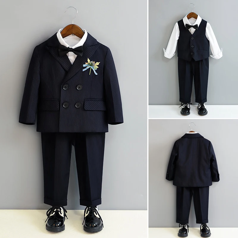 

Kid's Ceremony Attire Fashion Stripe Piano Performance Costume Spring Boy Wedding Suit Formal Children School Uniform Blazer Set