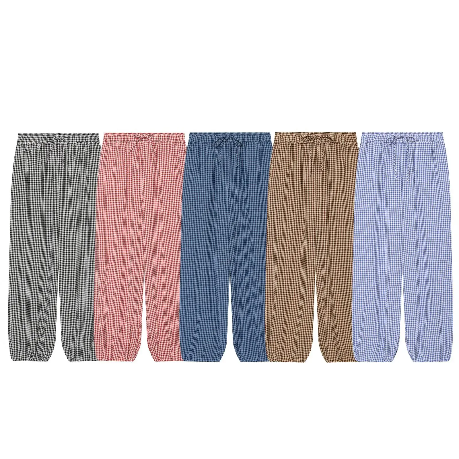 Guobioziy Women's Red Plaid Long Pants 2026 Summer New Style Multi-Color Drawstring Lantern Pants Beach Vacation Casual Fashion
