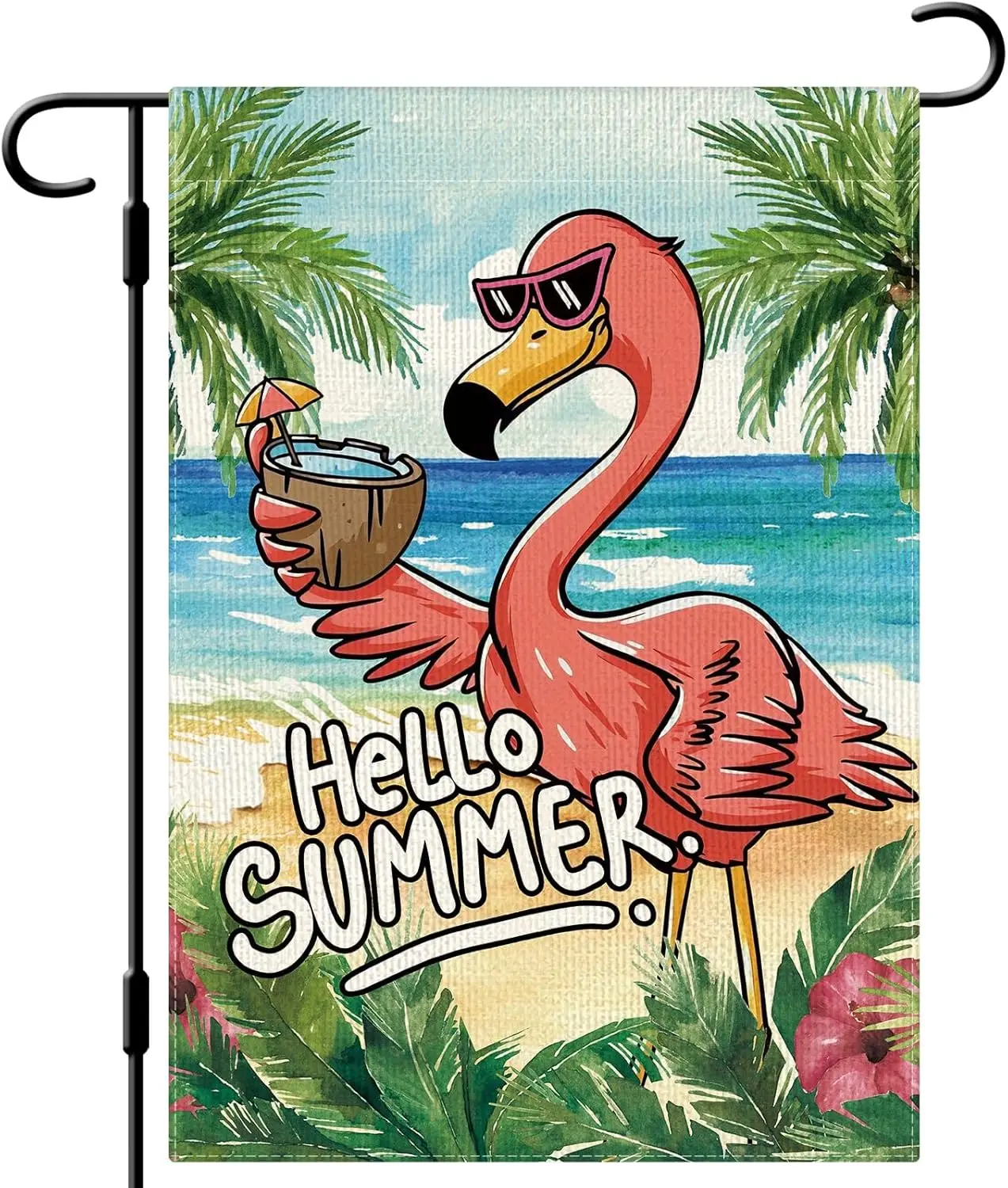 DLZDN Hello Summer Flamingo Garden Flag Beach Palm Trees Garden Flag 12×18 Inch Double Sided Vertical Burlap Summer Coastal Seas