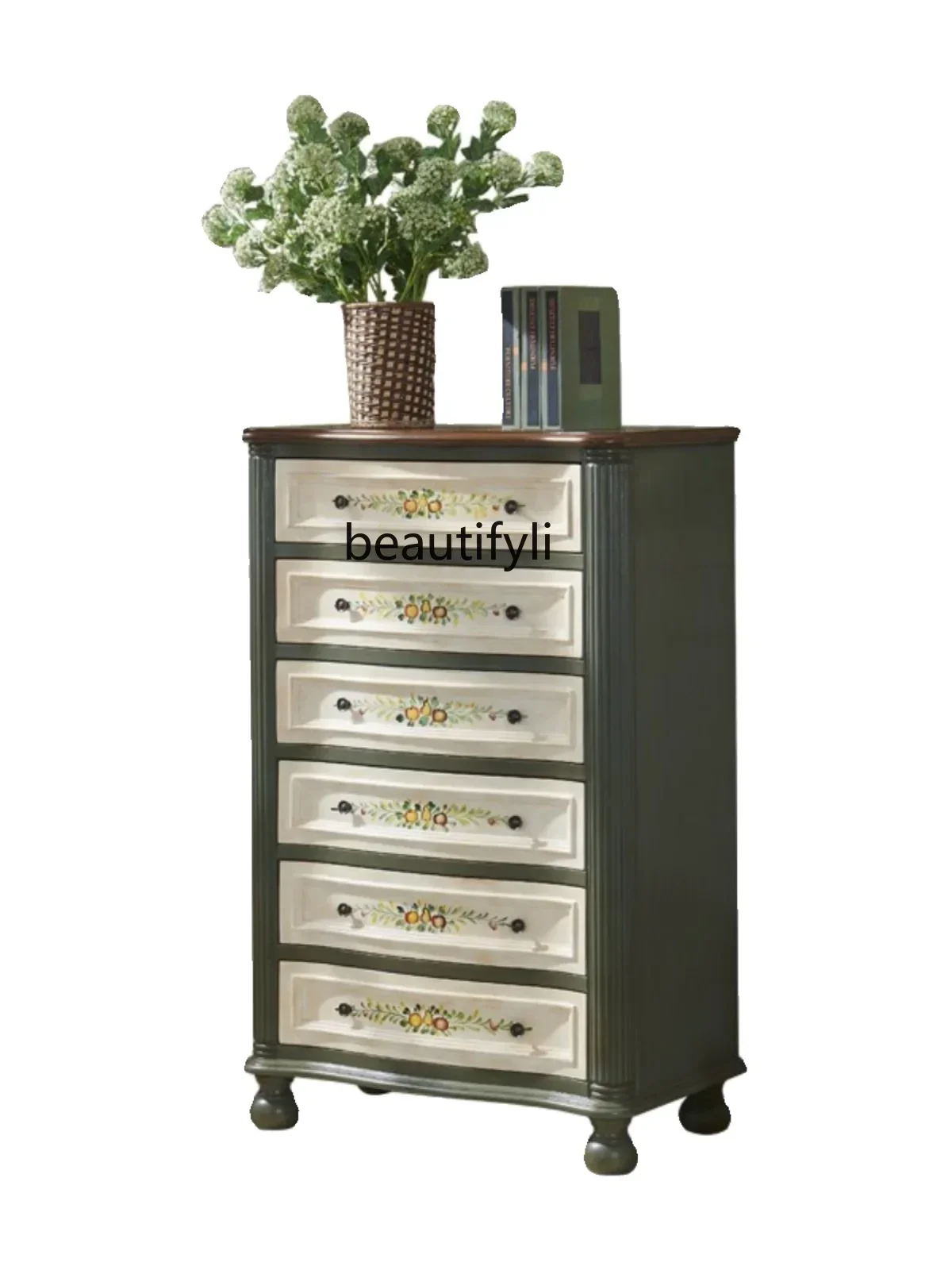 

American Country Chest of Drawers Painted Vintage Mediterranean Hand Painted Retro Bedroom Locker of Bed End