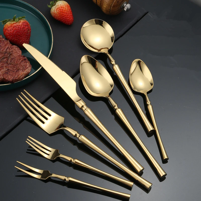 Golden Western Cutlery Set 304 Stainless Steel Mirror Spoon Steak Knife Fork Chopsticks Dinnerware Kitchen Tableware Utensil