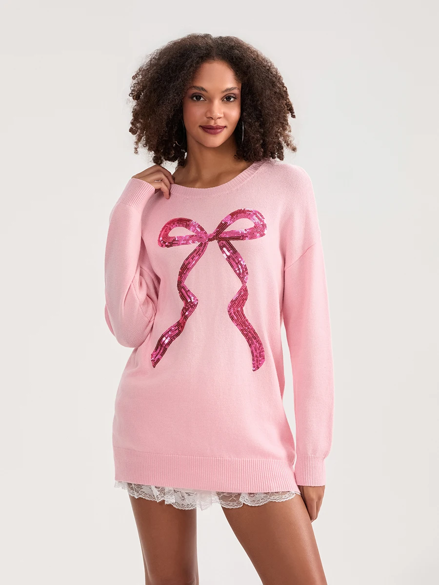 Women s Cozy Knit Sweater with Long Sleeves and Adorable Bow Print Detail Perfect for Autumn and Winter Casual Wear