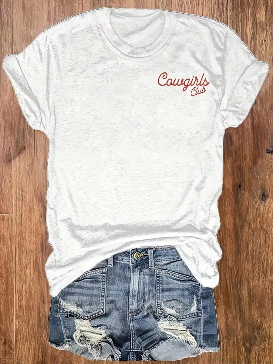 

Womens Cowgirls Club Printed Round Neck Short Sleeve Cotton T-Shirt Casual Western Style Top