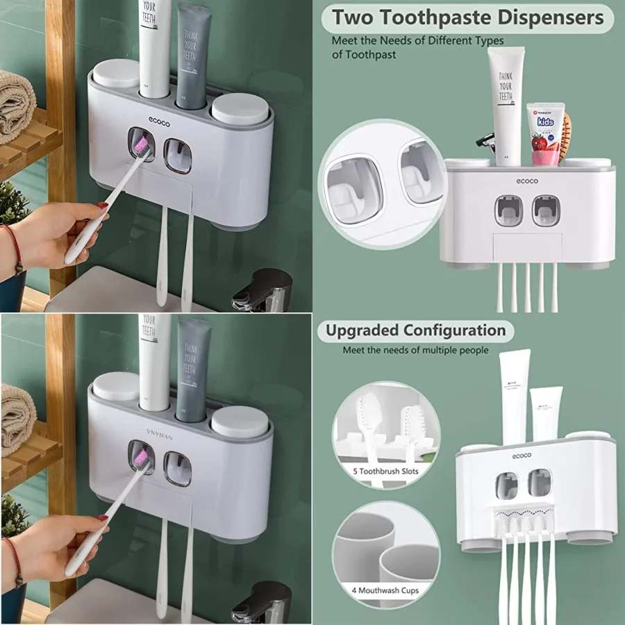 

Toothbrush Holders with Toothpaste Dispenser Wall Mounted for Bathroom-4 Cups Automatic Electric Tooth Pastetooth Squeezer-Bath
