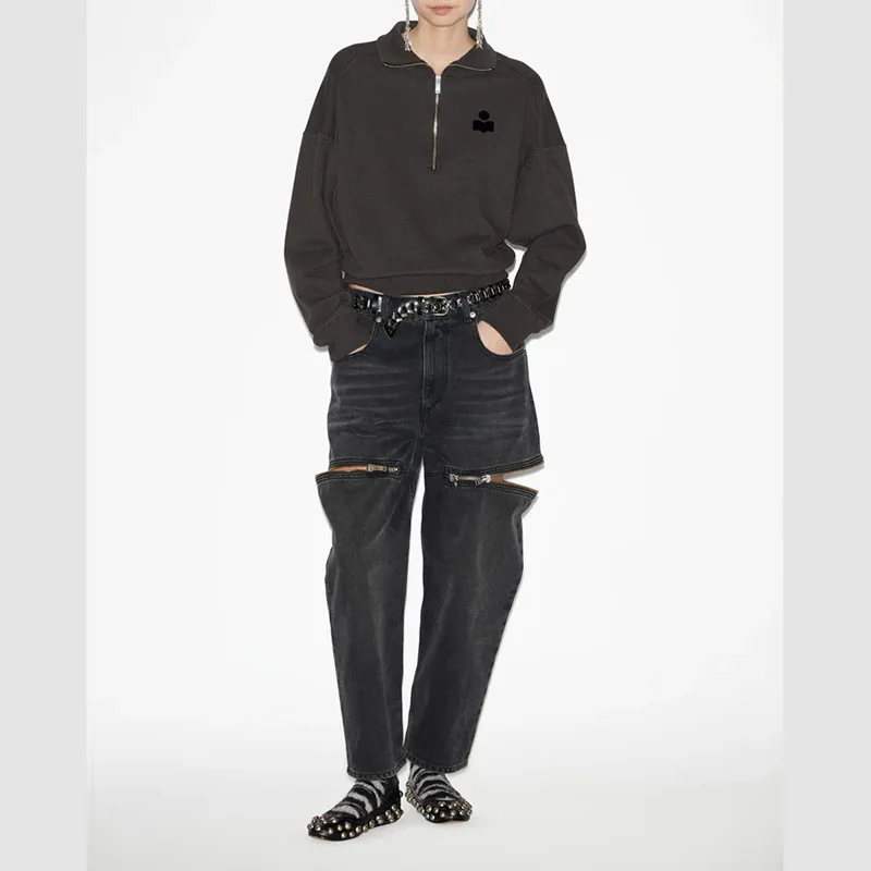 Marant Half Zip Sweatshirt French Vintage Flocked Logo Stand Collar Pullover Long Sleeve Casual Cropped Sweat Tops Streetwear