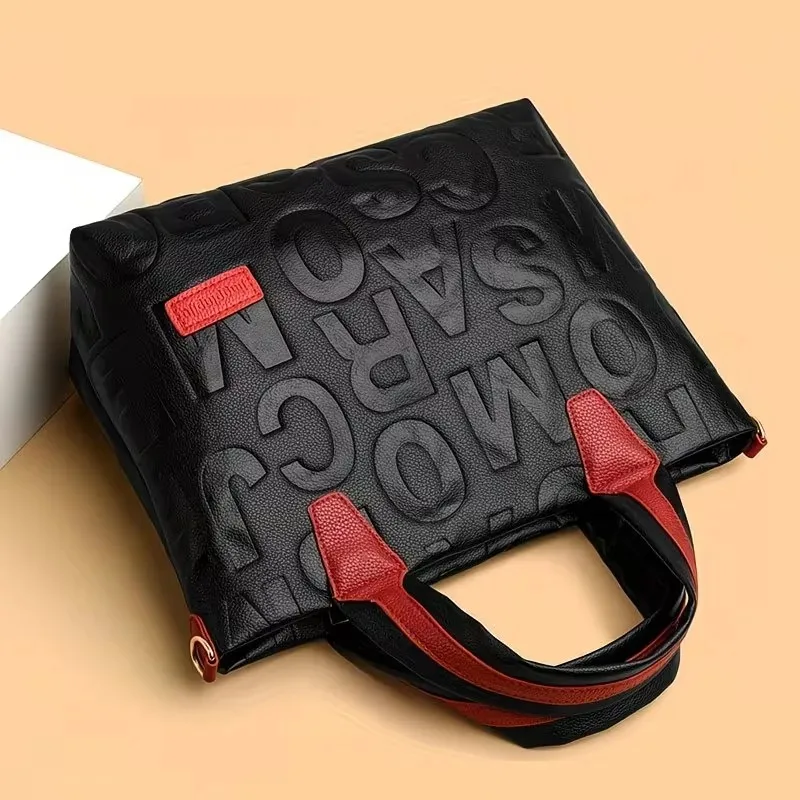 Letter Print Tote Bag, Minimalist Elegant Color Block Design, Detachable Shoulder Strap Daily Women Handbag