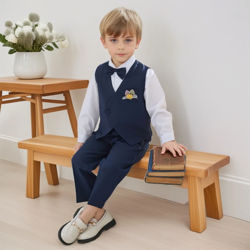 Boys Gentleman Formal Suit Vest Shirt Pants with Bow for Kids Wedding Birthday Party Holiday Performance Elegant Costume Outfit
