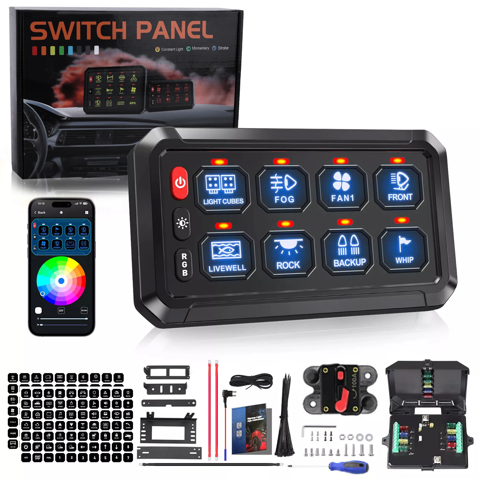 

8 Gang RGB Dimmable Switch Panel APP Control Electronic Relay System Circuit Control Relay System for Truck Car SUV Boat
