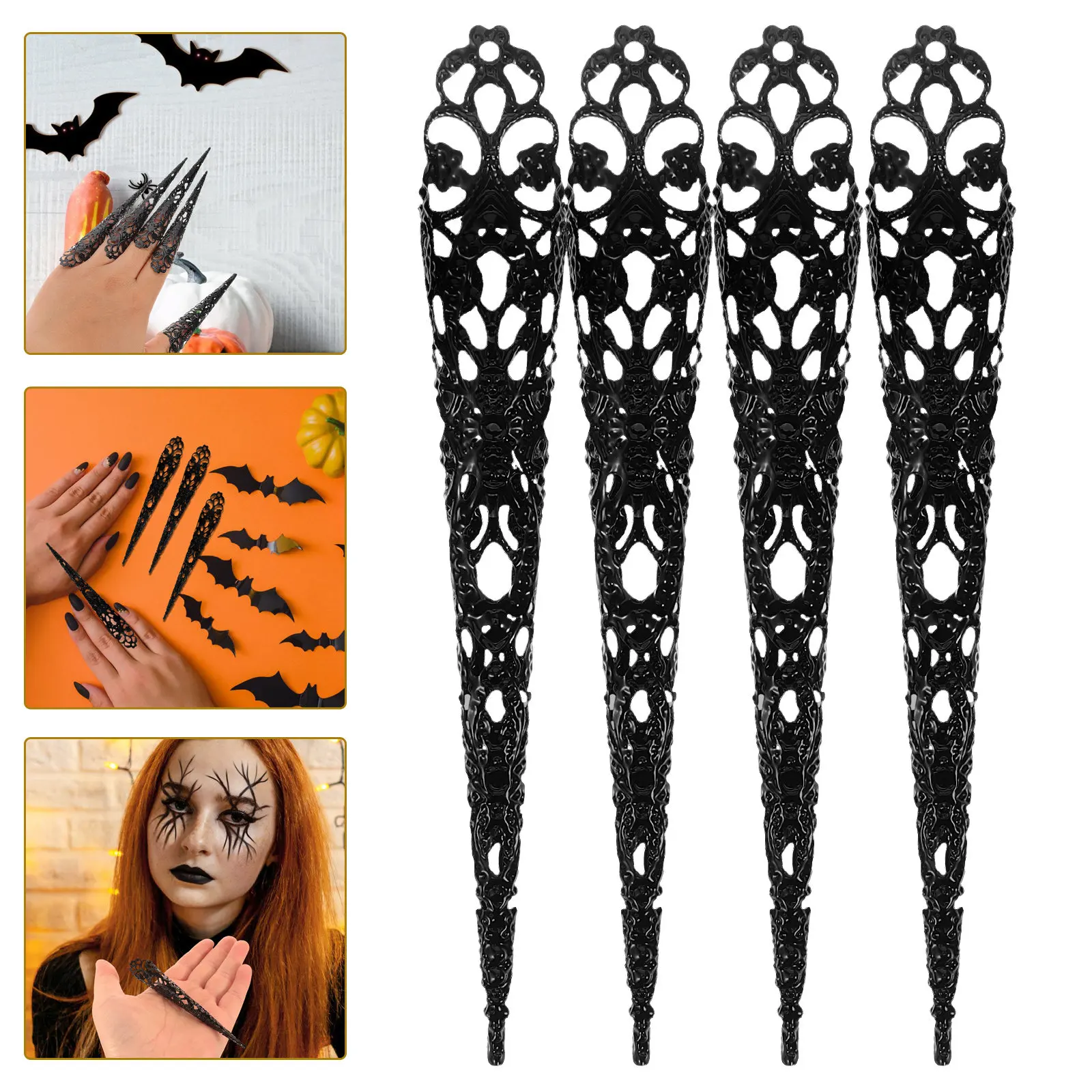 20Pcs Decorative Finger Claws Fake Fingertip Nail Rings Hollow Design Party Supply Halloween Costume Prop for Women