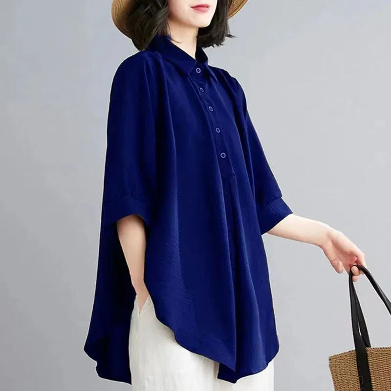 

Summer Polo-neck Loose Casual Solid Blouse Femme 3/4 Sleeve Elegant All-match Pullover Top Women Simple Comfortable Shirt B186