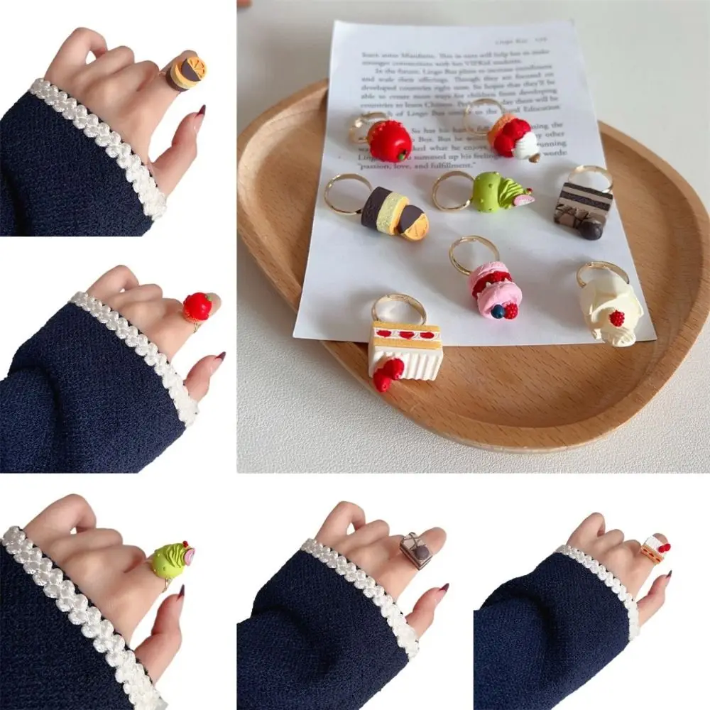 Fashion Cartoon Cream Chocolate Ring Cute Resin Strawberry Cake Ring Alloy Cake Shape Fruit Cake Ring Hand Ornament