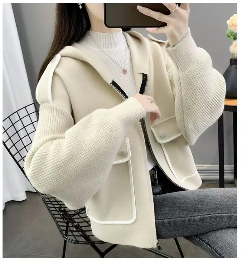 

Sweet Hot Girl Hooded Short Woolen Coat Women's Spring and Autumn Casual Zipper Loose Patchwork Knitted Cardigan Female Clothes