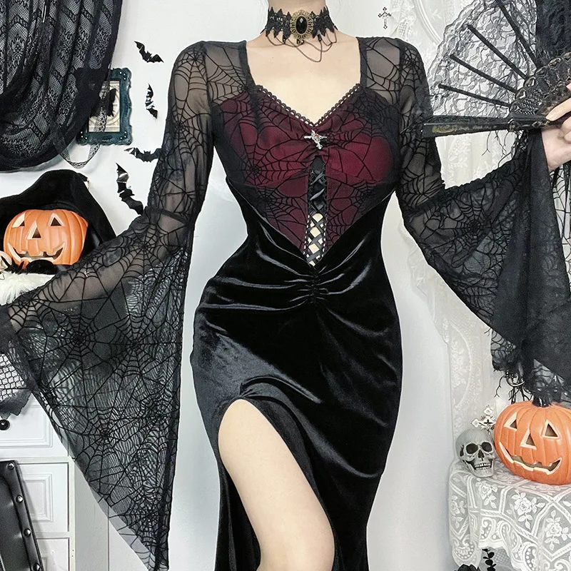 

[You're My Secret] Goth Dark Elegant Mall Gothic Women Mesh Patchwork Lace-up Dresses Sexy Hem Split Flare Sleeve Dress