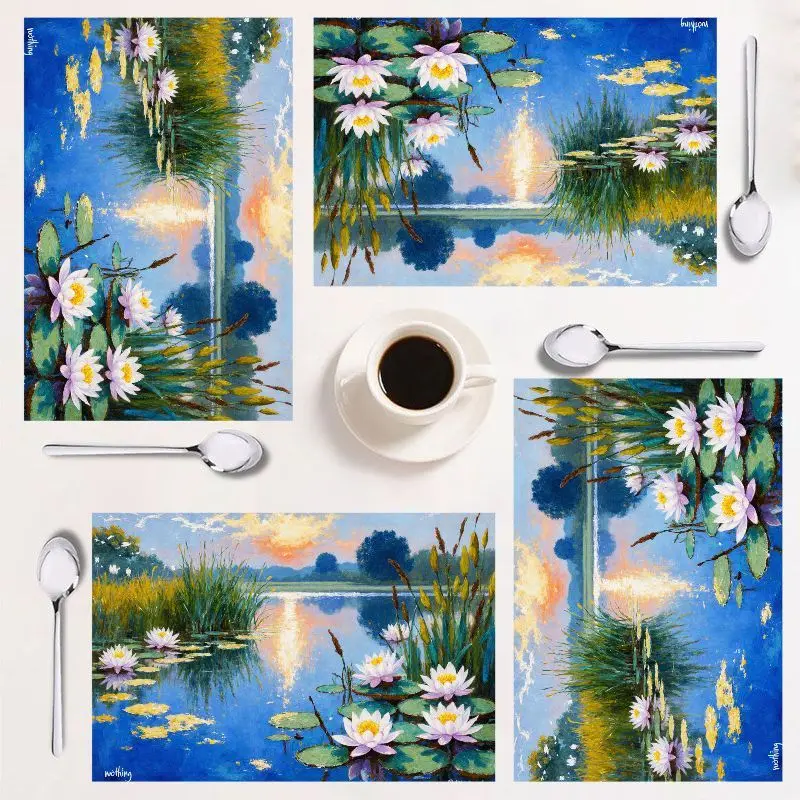 

Набор подставок для столовых приборов из 4 предметов, яркий дизайн водяной лилии, легко чистится, прямоугольный, 12×18 дюймов, идеально подходит для домашнего декора и мероприятий.