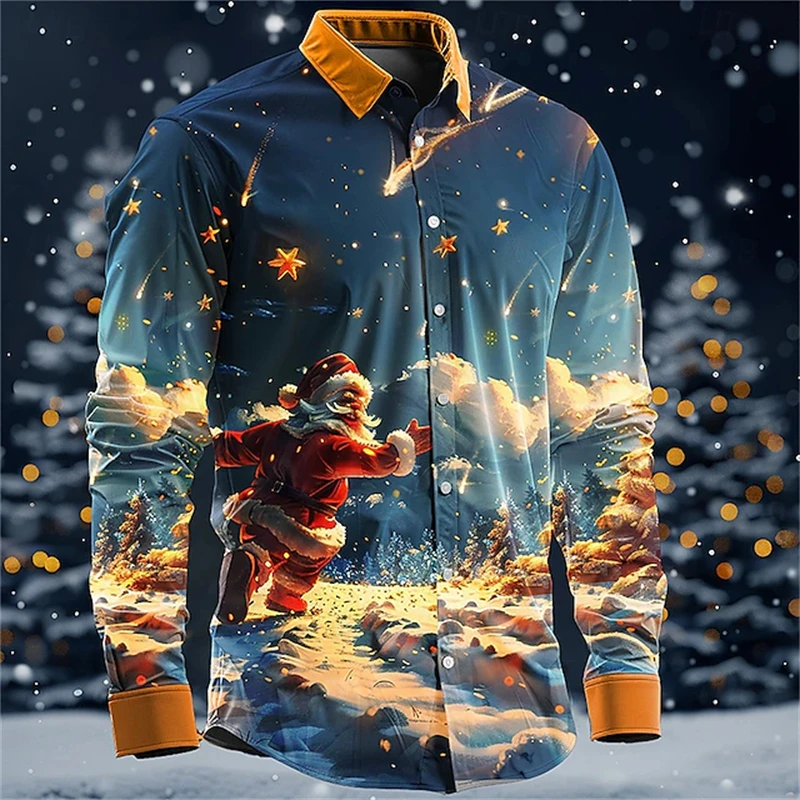Men's Long Sleeve Shirts Christmas Shirts Party Style Holiday Exquisite Printed Tops Fashion Cartoon Men's Long Sleeve Shirts