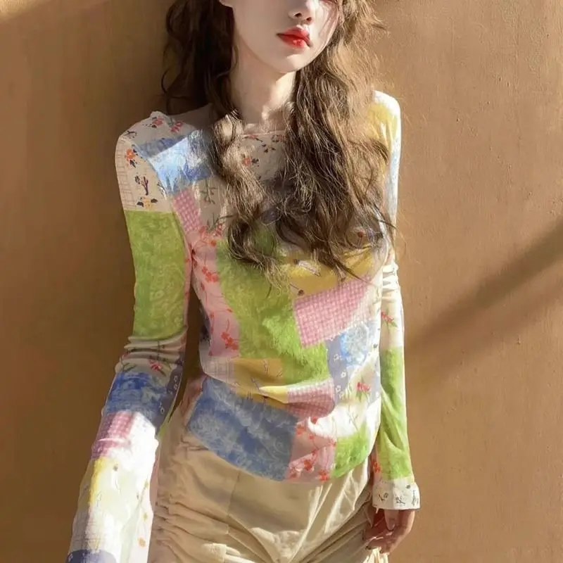 Mesh T-shirts Women Sunproof Colorful Print Patchwork Spring Summer Thin Hotsweet Flare Sleeve Slim Tops Design Outerwear Chic