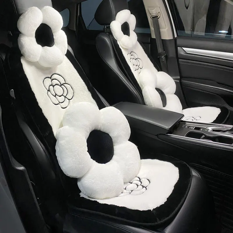 

White Plush Car Waist Pillow Embroidered Camellia Flower Car Headrest Neck Protection Pillow Front Rear Seat Cushion Car Cushion