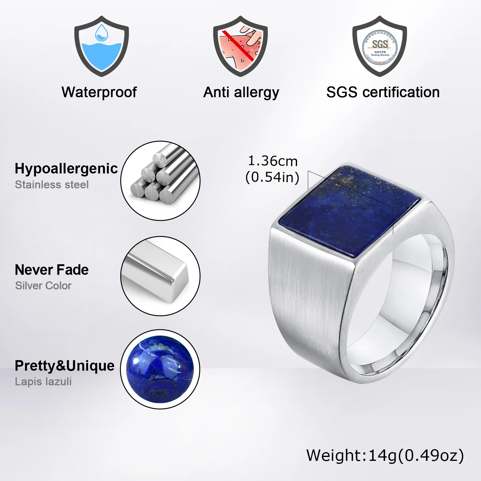 Blue Nature Stone Ring for Men Boys,Silver Color Stainless Steel Square Ring,Thumb Ring Male Jewelry Gifts
