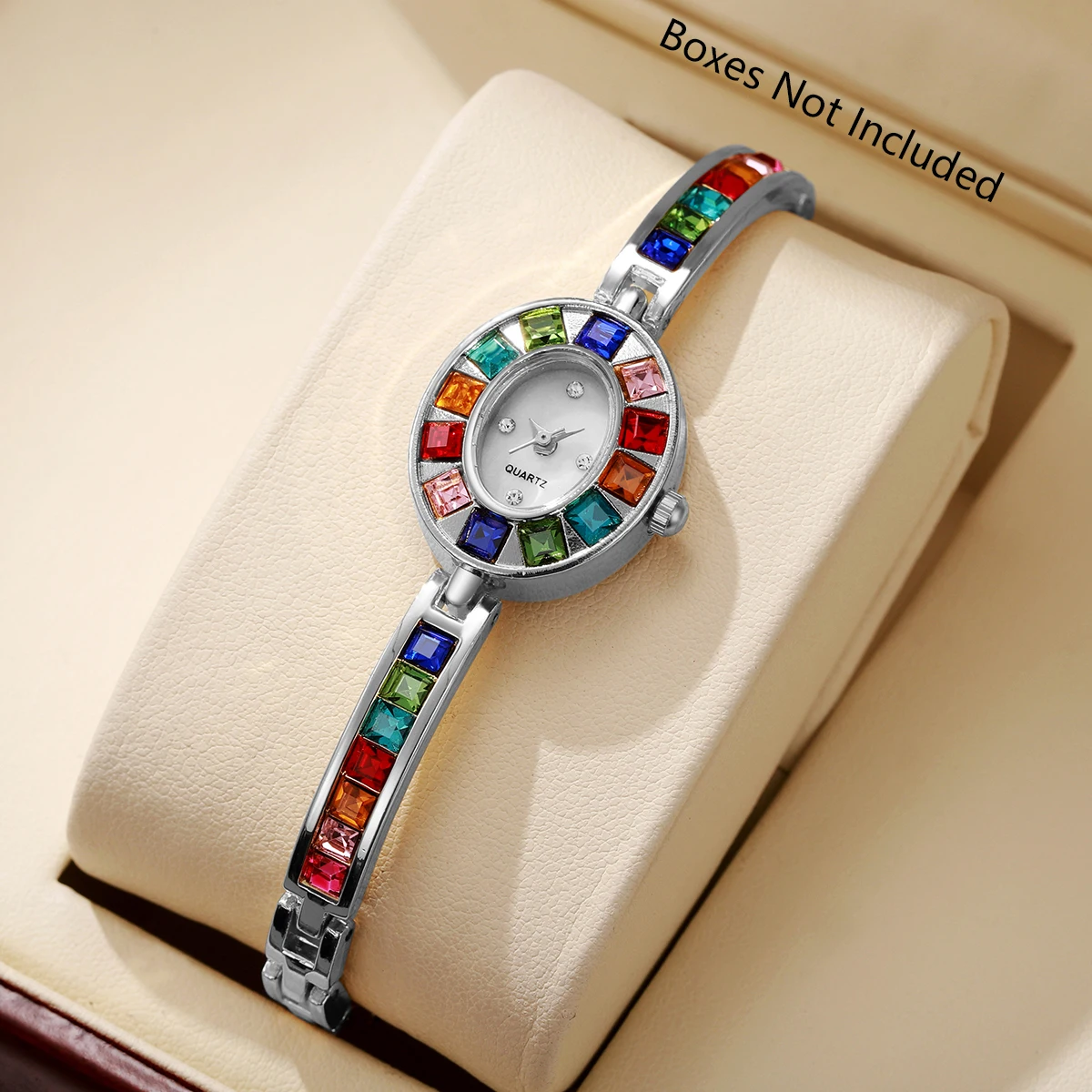Fashion Women's Rainbow Crystal Bracelet Watch Oval Dial Quartz Wristwatch Reloj Mujer Girls Clock Gift（Without Box）