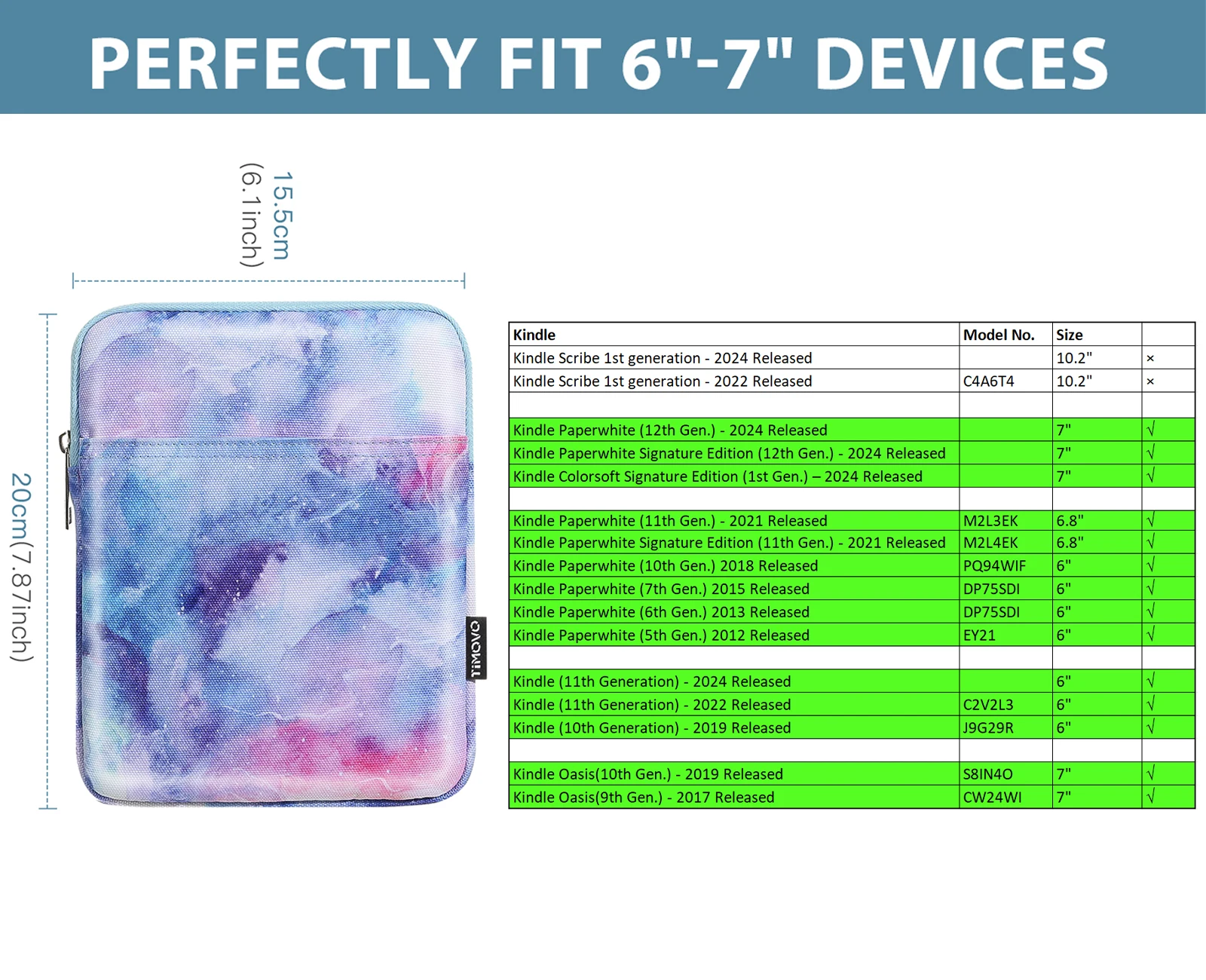 Capa de manga de 6-7 polegadas para o novo Kindle Paperwhite/Colorsoft Signature Edition, capa protetora bolsa bolsa de transporte