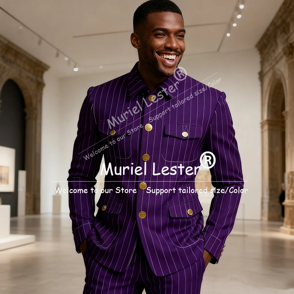 

Classic Business Stripes Suit Attire For Men Stand Collar Single Breasted Blazers Pants 2 Piece African Groom Party Tuxedos