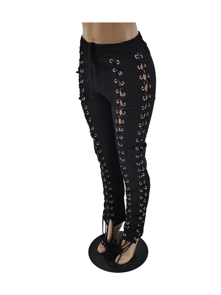 Knitted Slit Hollow Women Pants High Waist Lace Up See Through Streetpant Femme Solid Slim Fashion Streetwear Pant Ladies Sexy