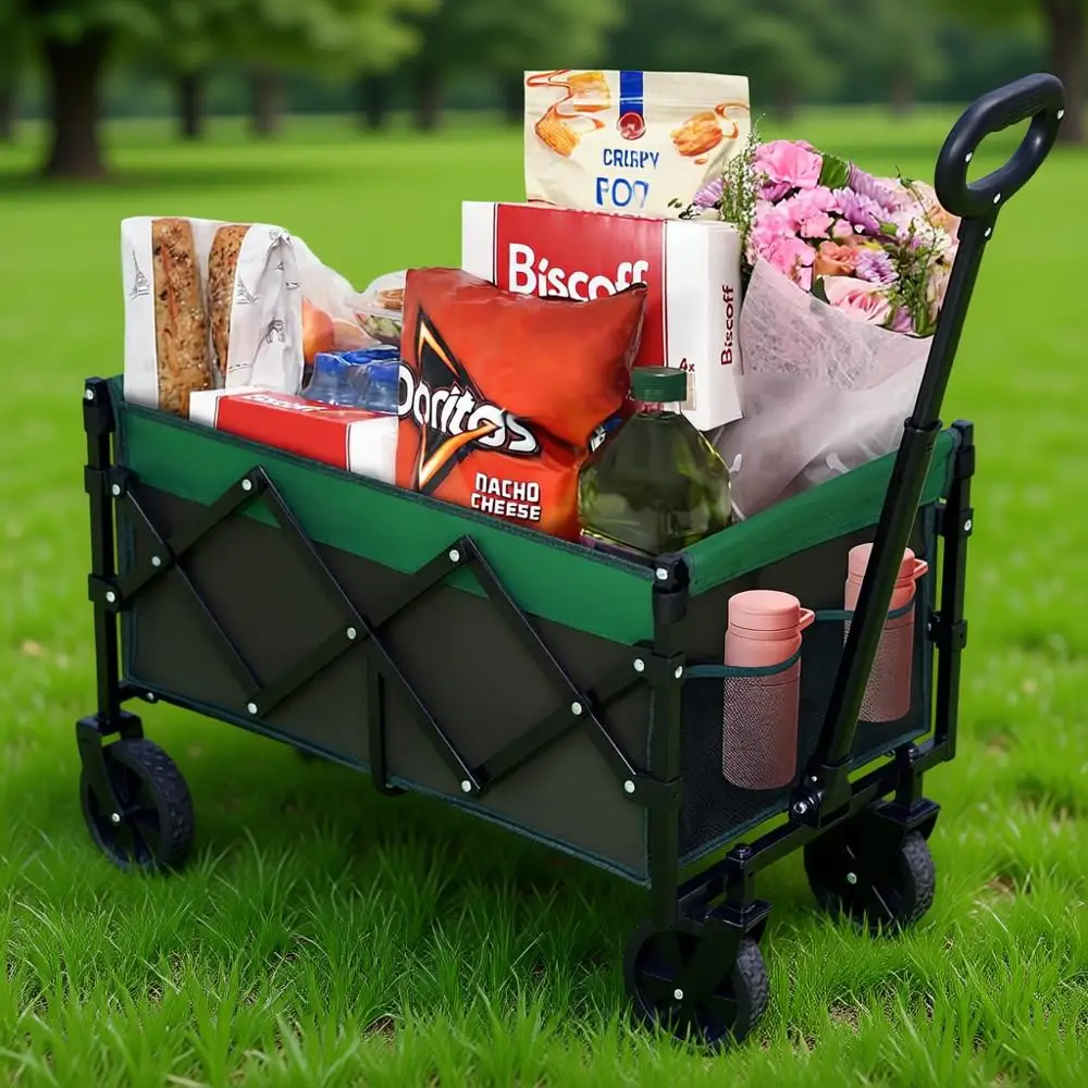 

Collapsible Wagon Cart with Wheels, Lightweight Portable Folding Utility Wagon, Heavy Duty Grocery Shopping Cart, Ideal for Gard