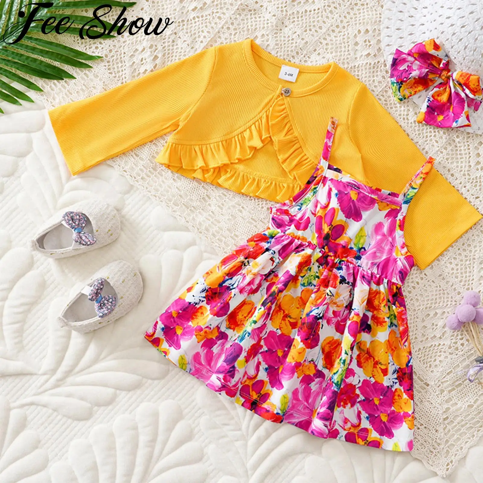 

Одежда для маленьких девочек, кардиган в рубчик с длинными рукавами и бретельками, платье с цветочным принтом, весенне-осенний праздничный наряд