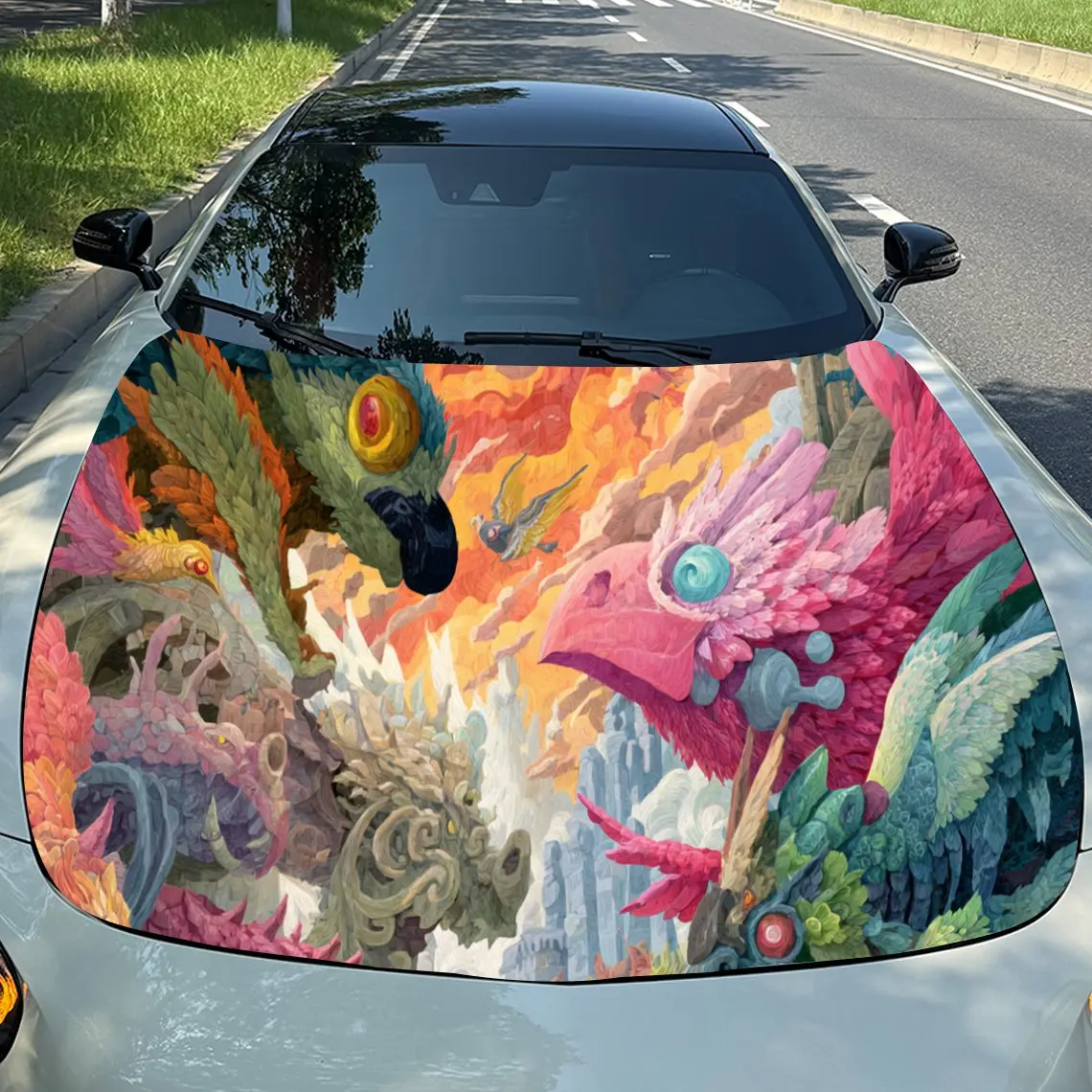 Fantasy Colorful Creature Car Hood Stickers - Self-Adhesive, Waterproof and Durable Vinyl Wrap, Decorate And Protect Your Car, F