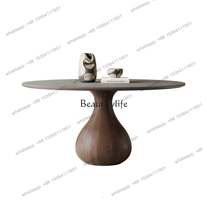 

56Italian solid wood dining table with turntable simple high-end retro full support matte rock slab round table