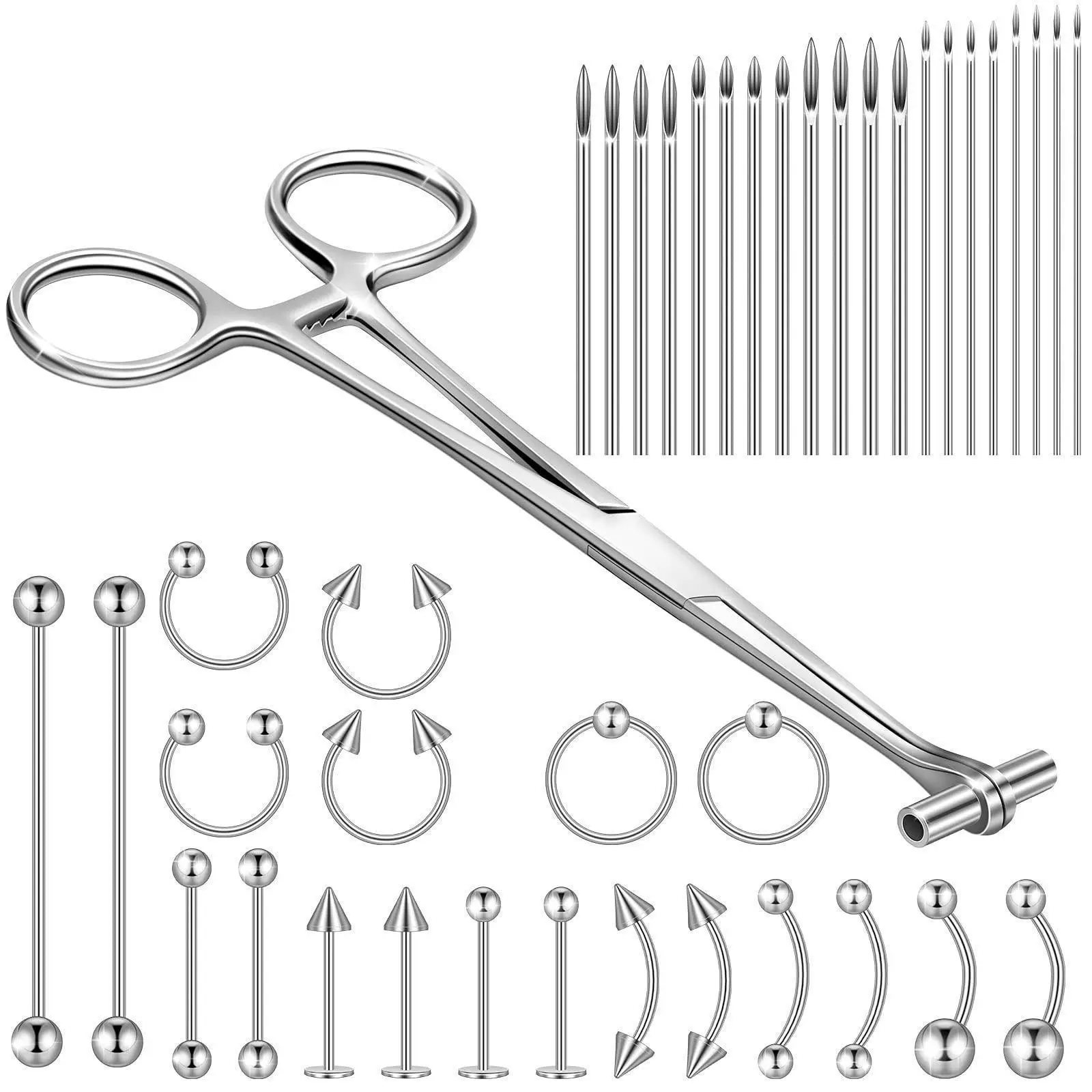41 Pieces Body Piercing Tool Kit Include Septum Forceps Clamp Pliers Stainless Steel Needles Nose Ring Ear Lip Belly Navel