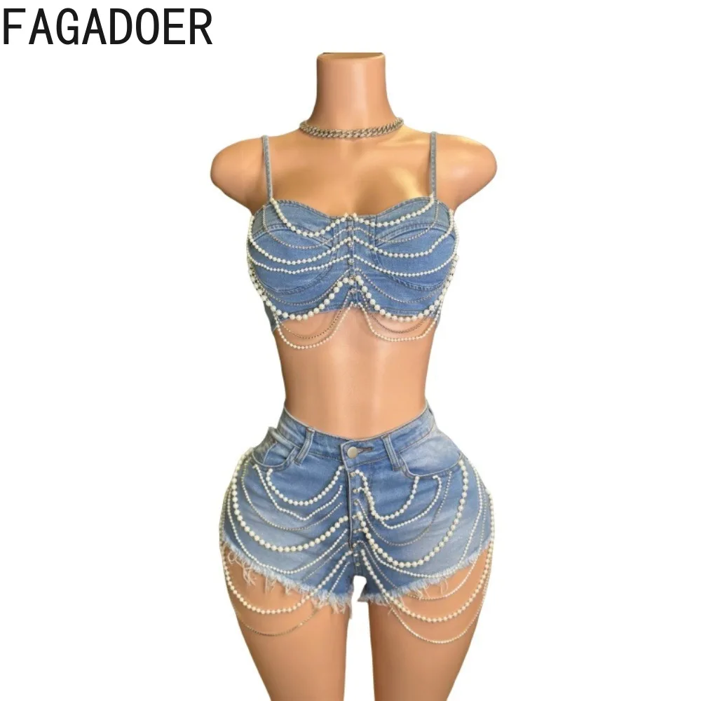 FAGADOER Sexy Denim Two Piece Set for Women Spaghetti Strap Pearls Patchwork Crop Top +  Shorts Suit Hot Girl Y2k Streetwear New