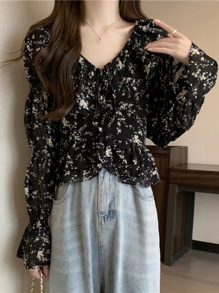 

Puffy Sleeve V-Neck Long Sleeve Shirt Women's Early Spring plus Size Beautiful Floral Print Top Slimming Belly Covering Anti-...