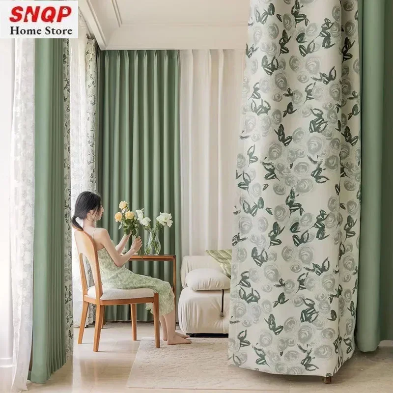 Curtains For Living Dining Room Bedroom French Retro Homestay Fresh Rose Flower Cloth Ins Solid Color Stitching