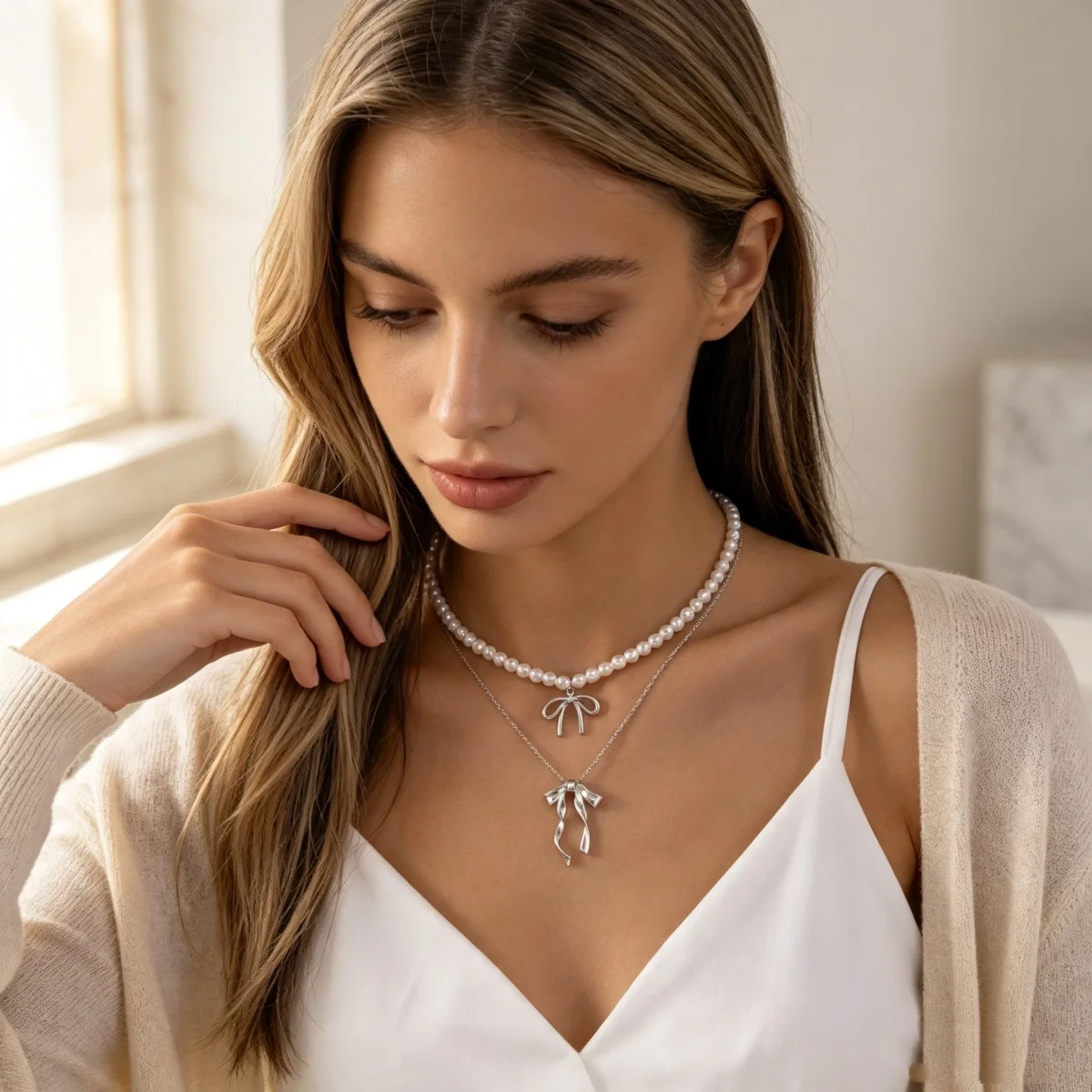 Süßer, cooler Stil Metallband-Schleife mit simulierten Perlenkette für Frauen, zierliche elegante Twist-Schleife Choker, ästhetischer Schmuck – Detail 15