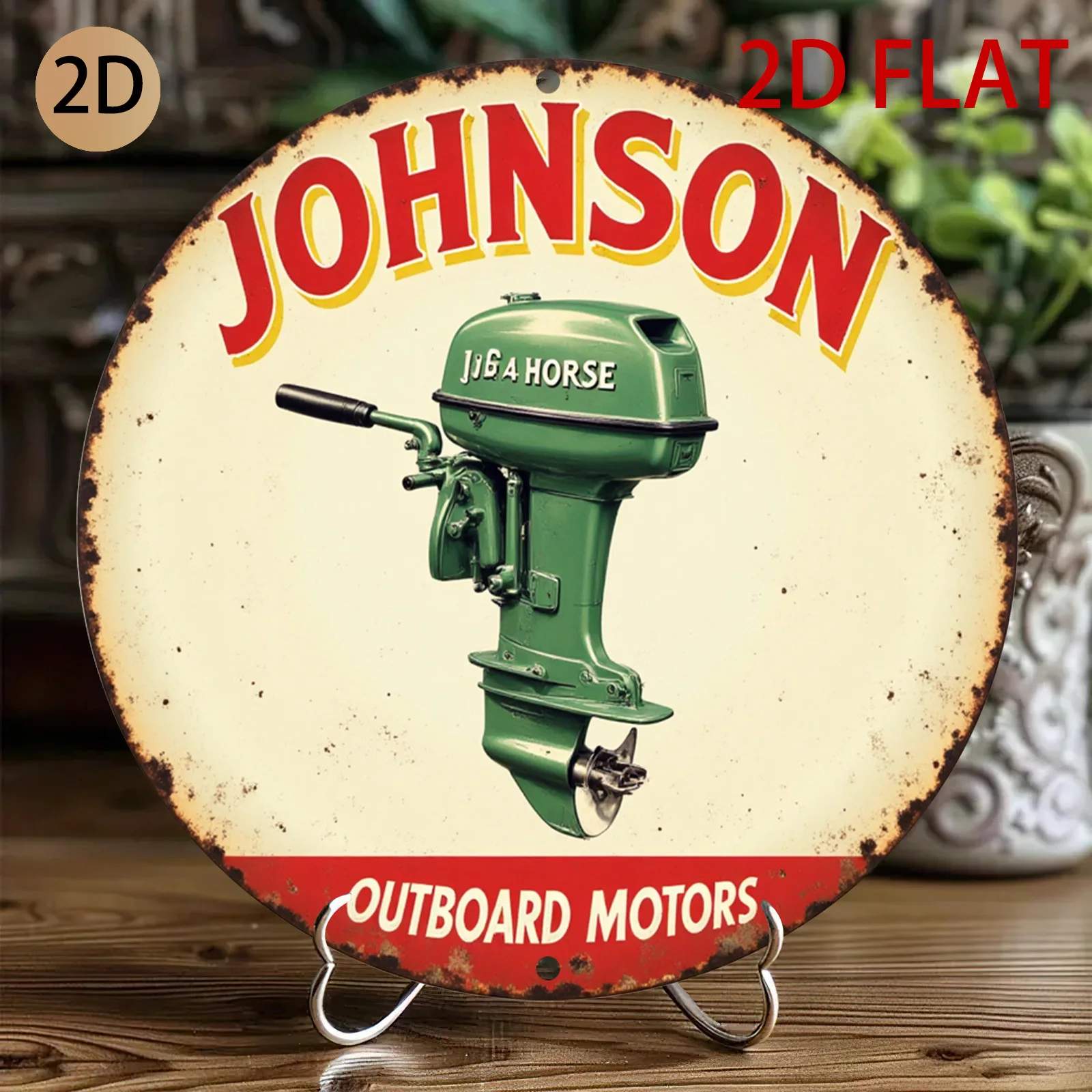 2D Plane Circular Tin Metal Johnson Outboard Motor Logo  Wall Art Boating Themed Decoration for Home Garage or Cafe, 2D Flat