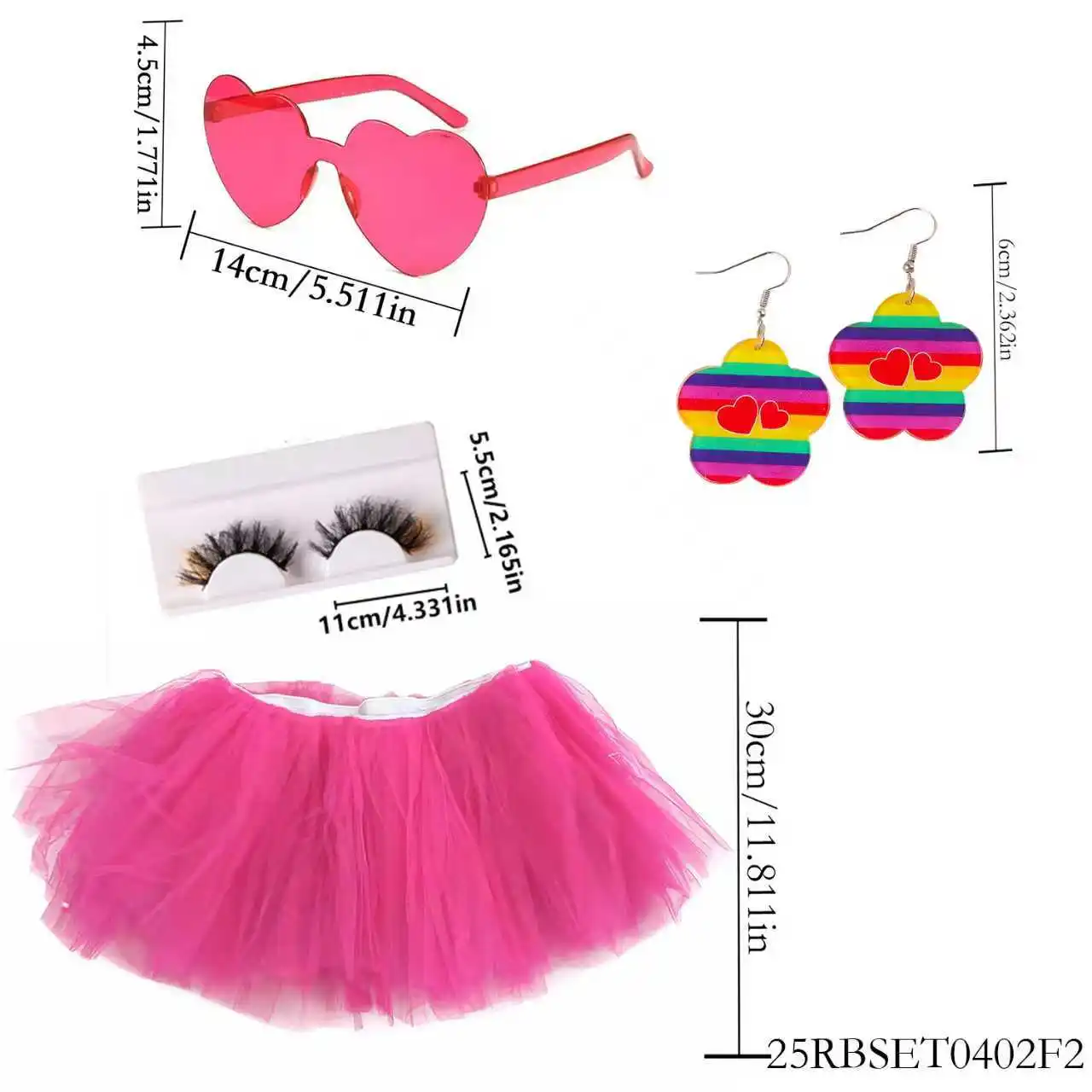 Vibrant Powder Party-Zubehörset: Rosa Brillen, Regenbogenohrringe, falsche Wimpern und ein fuchsiafarbenes Tutu sind perfekt für Pride.