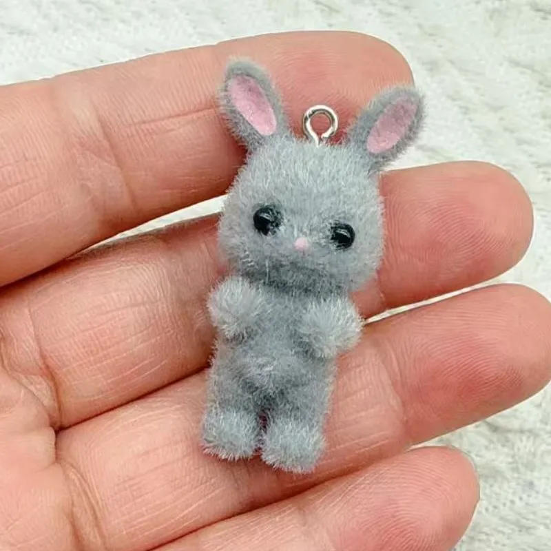 5pcs Cute Fluffy Flocking Cat Animal Charms Miniature Dolls Keychain Necklace Pendant DIY Crafts Jewelry Make