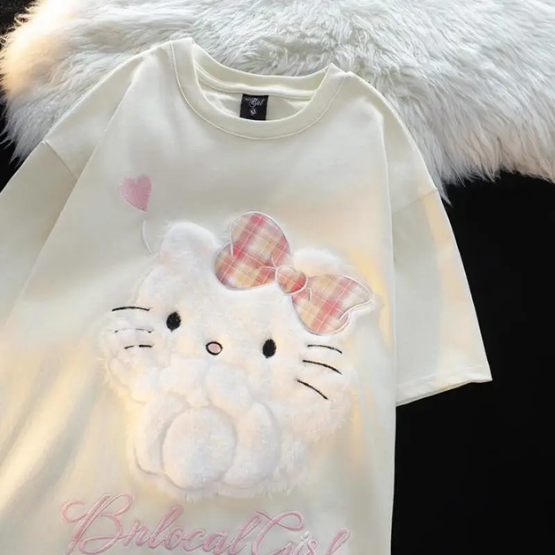 

Sanrio Hello Kitty Girl High-Quality Round Neck Short Sleeved T-Shirt for Oversize Loose Summer Kawaii Casual College Style Tops