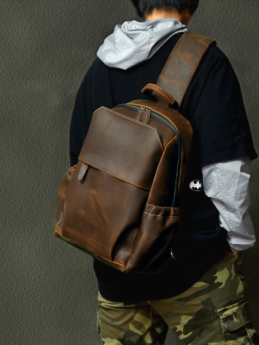 

Vintage crazy horse cowhide large-capacity men's chest bag outdoor travel designer handmade genuine leather big crossbody bag
