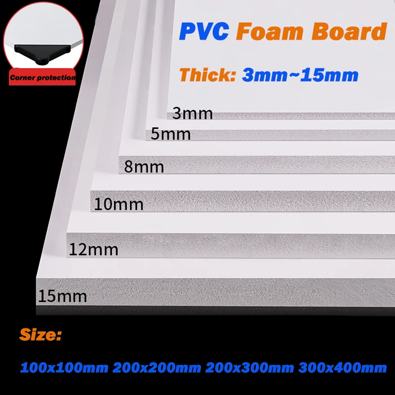 PVC Foam Board Thickness 3/5/8/10/12/15mm Size 100x100mm/200x200mm/200x300mm/300x400mm Plastic Expansion Sheets Craft Model