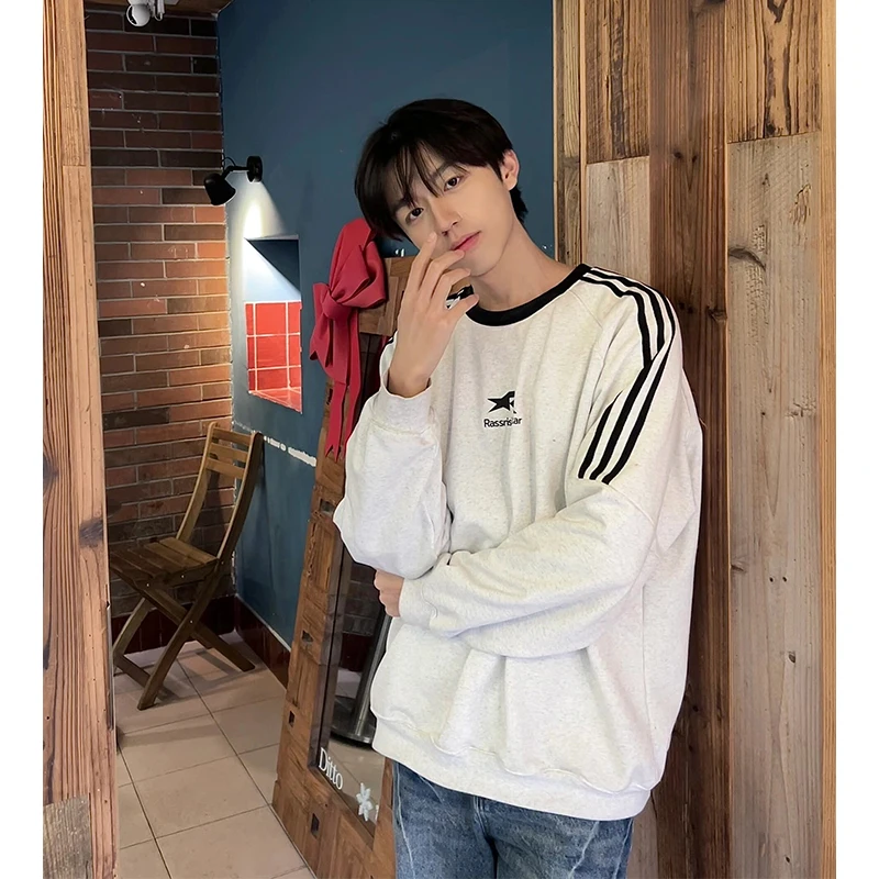 

Мужская толстовка с круглым вырезом, весенне-осенняя, модная, повседневная, свободного кроя, плотная, с капюшоном, для пар, в американском ретро-стиле, в полоску