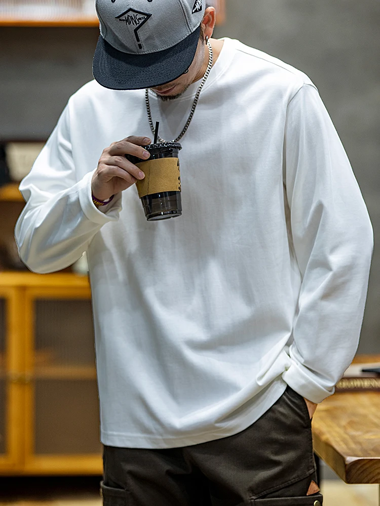 Heavyweight Pure Cotton Long Sleeve T-Shirt Men's Loose Trendy Large Size American round Neck Base Shirt  Color Base Shirt