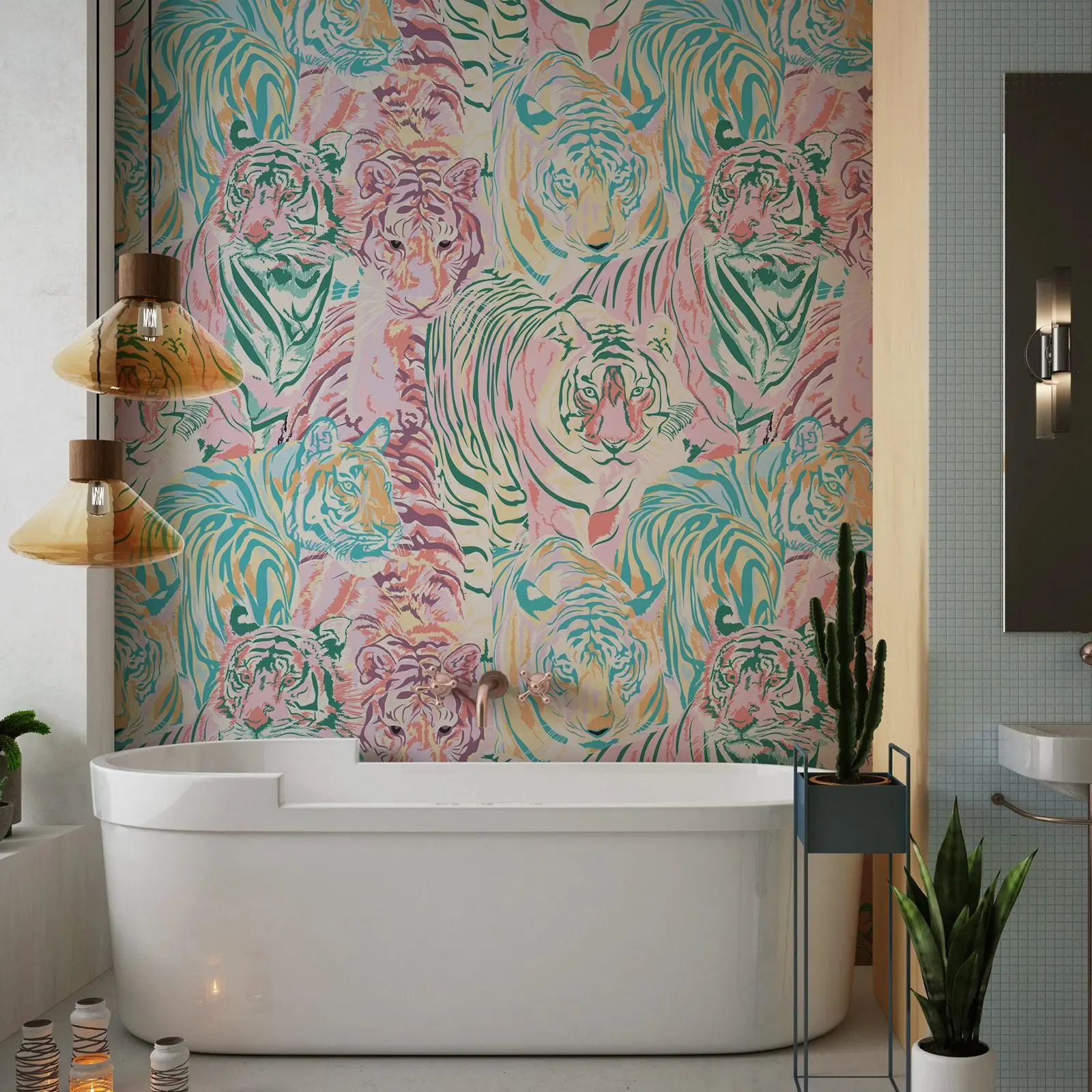Funky Design Tiger Wallpaper, Mid Century Peel and Stick Wallpaper, Animal Wall Mural For Room Decor,Self-adhesive Or Un-pasted