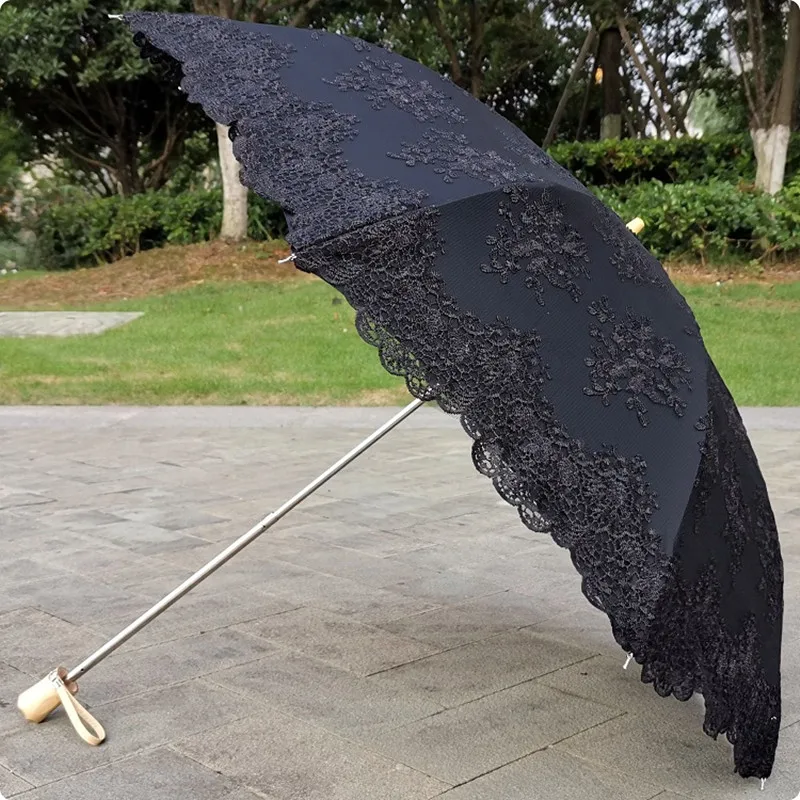 Beige Lace Embroidery Umbrella for Women, Retro, Classic, Black Coating, Dual Folding, UV Protection, Sun Umbrella