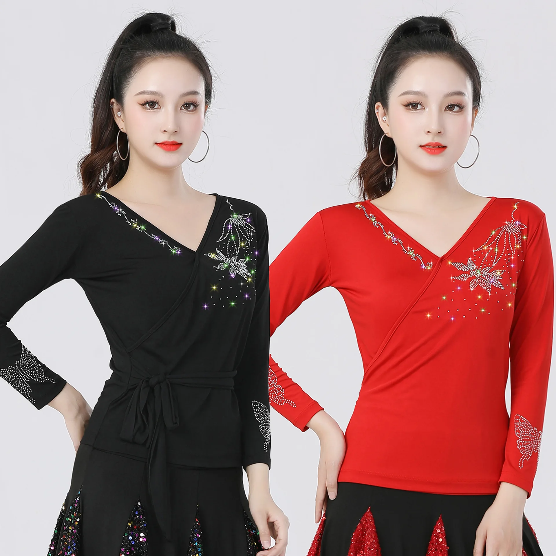new-square-dance-long-sleeve-top-women's-practice-costume-classical-dance-performance-clothing-middle-aged-and-elderly